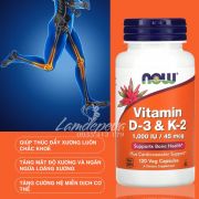 Vitamin D3 1000IU và K2 45mcg Now của Mỹ hộp 120 viên